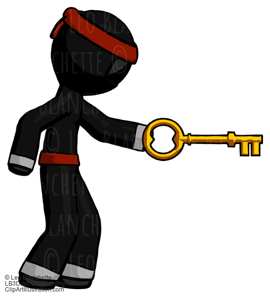 Black Ninja Warrior Man With Big Key Of Gold Opening Something #5993