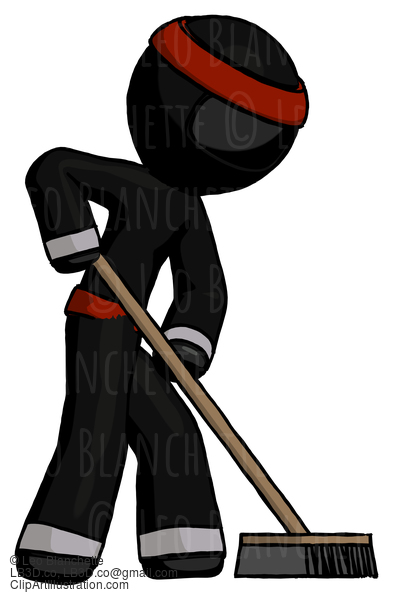 Black Ninja Warrior Man Cleaning Services Janitor Sweeping Side View #5996