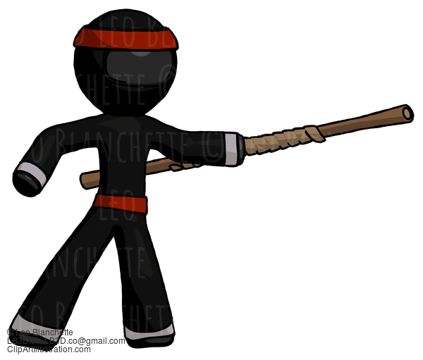 Black Ninja Warrior Man Bo Staff Pointing Right Kung Fu Pose #6003