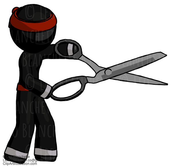 Black Ninja Warrior Man Holding Giant Scissors Cutting Out Something #6004