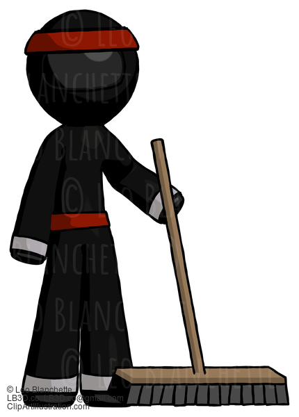 Black Ninja Warrior Man Standing With Industrial Broom #6015