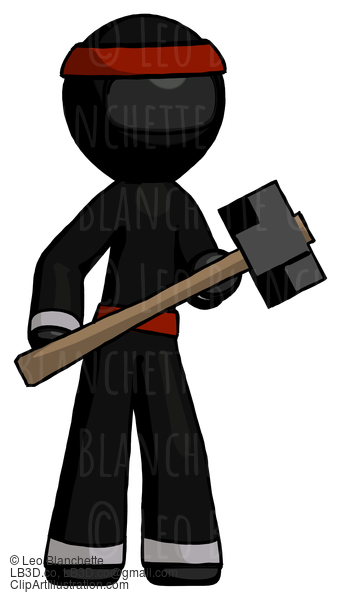 Black Ninja Warrior Man With Sledgehammer Standing Ready To Work Or Defend #6029