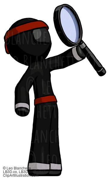 Black Ninja Warrior Man Inspecting With Large Magnifying Glass Facing Up #6032