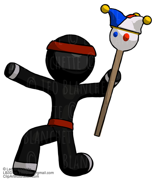 Black Ninja Warrior Man Holding Jester Staff Posing Charismatically #6034