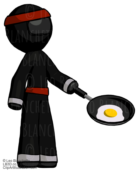 Black Ninja Warrior Man Frying Egg In Pan Or Wok Facing Right #6037