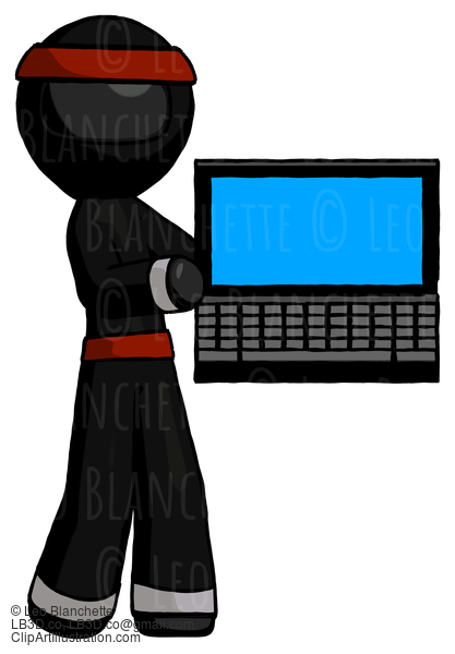 Black Ninja Warrior Man Holding Laptop Computer Presenting Something On Screen #6040