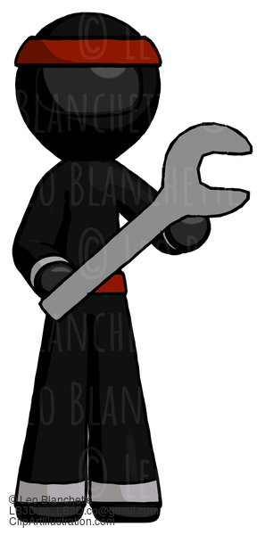 Black Ninja Warrior Man Holding Large Wrench With Both Hands #6041