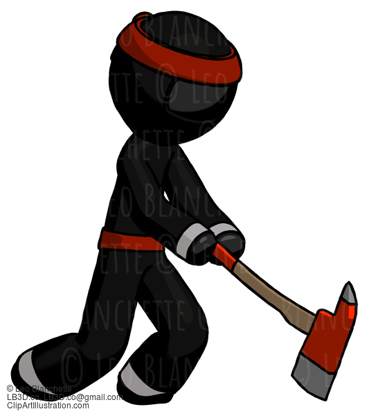 Black Ninja Warrior Man Striking With A Red Firefighter’S Ax #6043