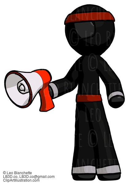 Black Ninja Warrior Man Holding Megaphone Bullhorn Facing Right #6054