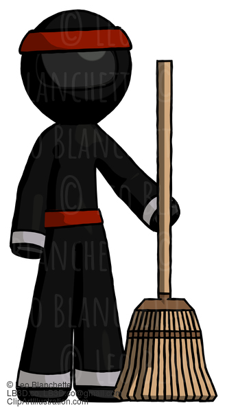 Black Ninja Warrior Man Standing With Broom Cleaning Services #6056