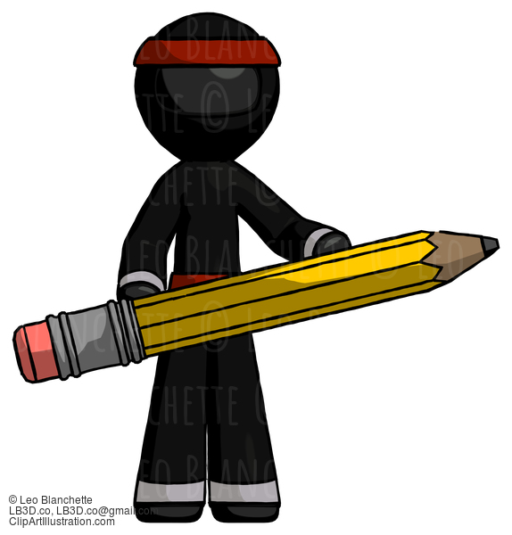 Black Ninja Warrior Man Writer Or Blogger Holding Large Pencil #6057