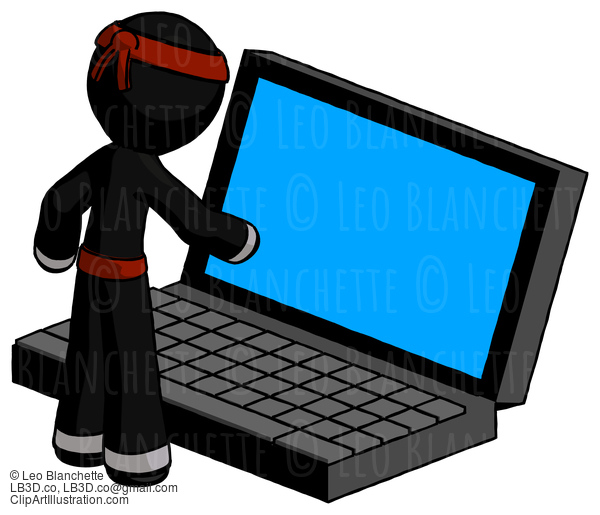 Black Ninja Warrior Man Using Large Laptop Computer #6065