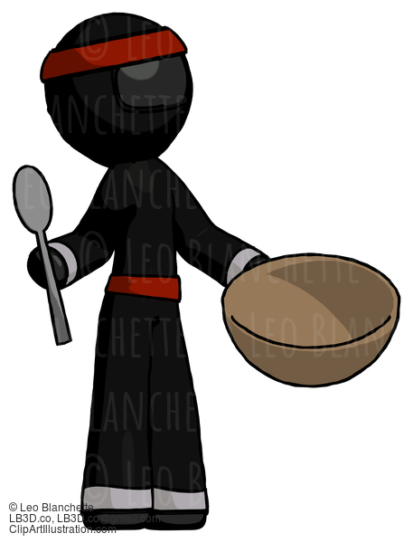 Black Ninja Warrior Man With Empty Bowl And Spoon Ready To Make Something #6066