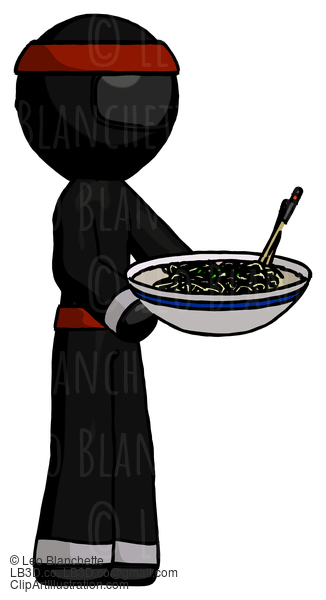 Black Ninja Warrior Man Holding Noodles Offering To Viewer #6074