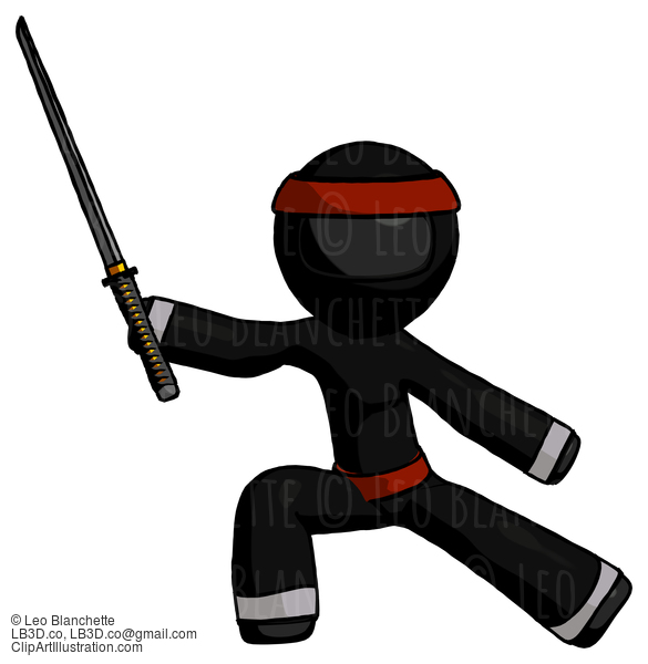 Black Ninja Warrior Man With Ninja Sword Katana In Defense Pose #6078