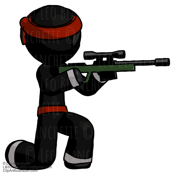 Black Ninja Warrior Man Kneeling Shooting Sniper Rifle #6083