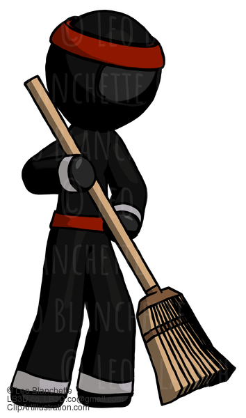 Black Ninja Warrior Man Sweeping Area With Broom #6087