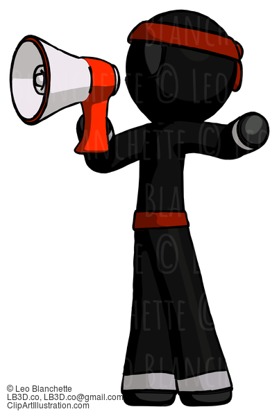 Black Ninja Warrior Man Shouting Into Megaphone Bullhorn Facing Left #6088