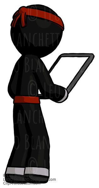 Black Ninja Warrior Man Looking At Tablet Device Computer Facing Away #6103