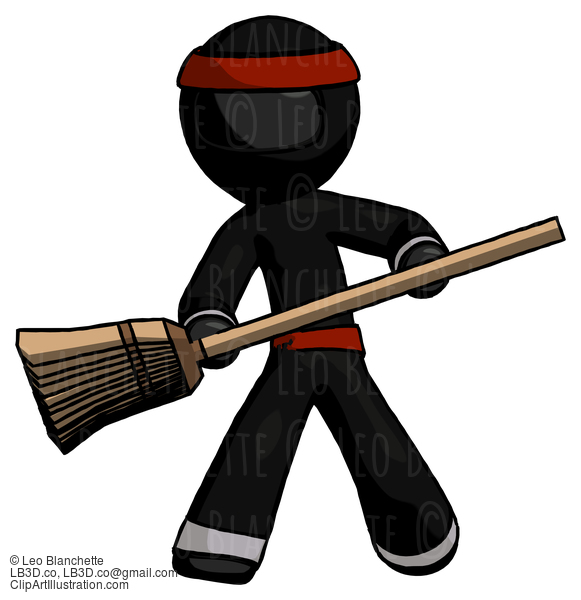 Black Ninja Warrior Man Broom Fighter Defense Pose #6105