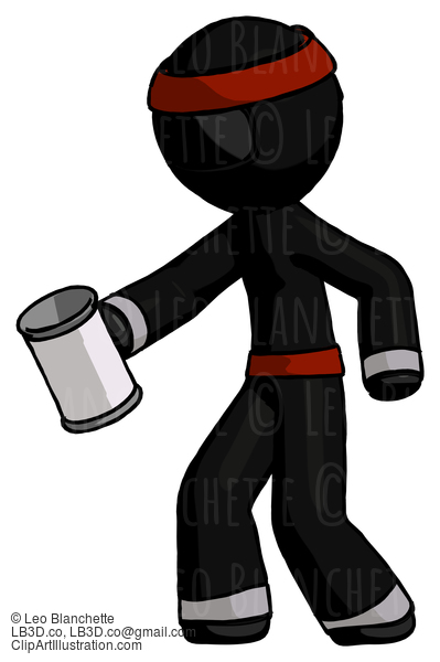 Black Ninja Warrior Man Begger Holding Can Begging Or Asking For Charity Facing Left #6113