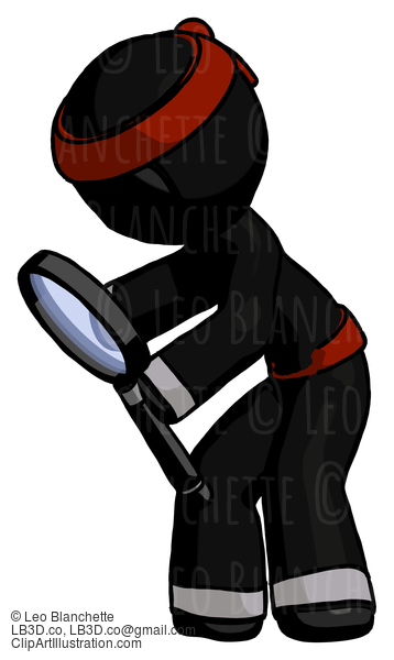 Black Ninja Warrior Man Inspecting With Large Magnifying Glass Left #6115