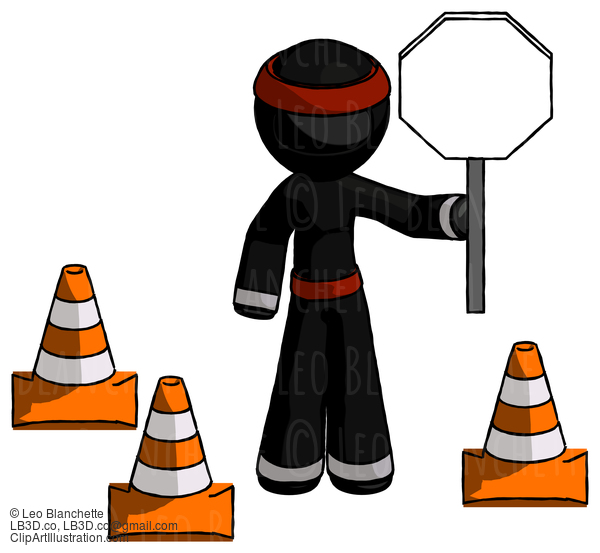 Black Ninja Warrior Man Holding Stop Sign By Traffic Cones Under Construction Concept #6119