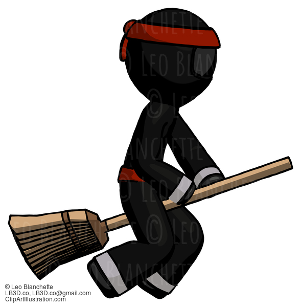 Black Ninja Warrior Man Flying On Broom #6129