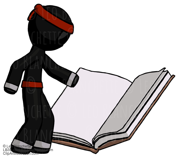 Black Ninja Warrior Man Reading Big Book While Standing Beside It #6132