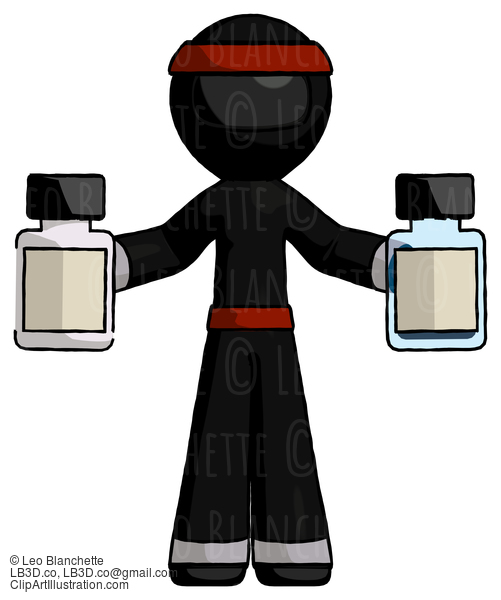 Black Ninja Warrior Man Holding Two Medicine Bottles #6136