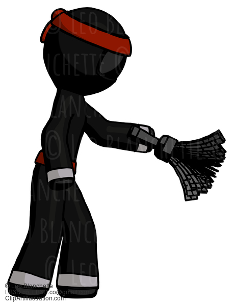 Black Ninja Warrior Man Dusting With Feather Duster Downwards #6146