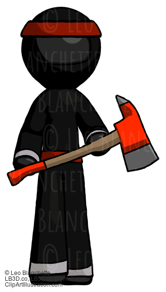 Black Ninja Warrior Man Holding Red Fire Fighter’S Ax #6147