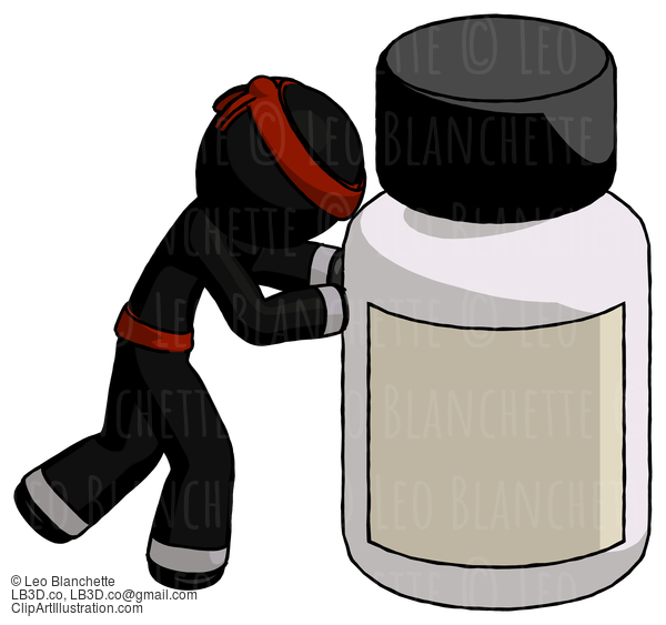 Black Ninja Warrior Man Pushing Large Medicine Bottle #6149