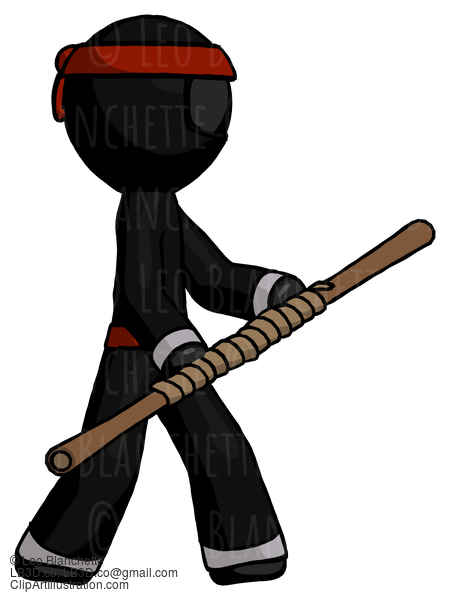 Black Ninja Warrior Man Holding Bo Staff In Sideways Defense Pose #6154