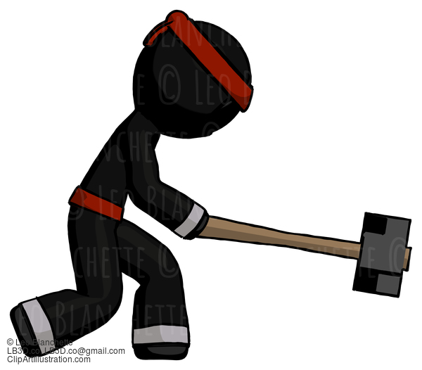 Black Ninja Warrior Man Hitting With Sledgehammer, Or Smashing Something #6158