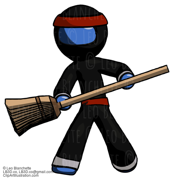 Blue Ninja Warrior Man Broom Fighter Defense Pose #6774