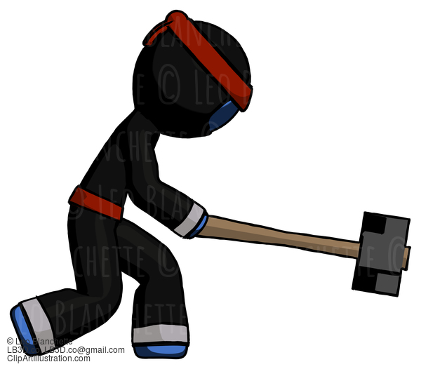 Blue Ninja Warrior Man Hitting With Sledgehammer, Or Smashing Something #6776