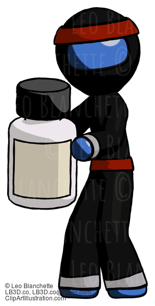 Blue Ninja Warrior Man Holding White Medicine Bottle #6779