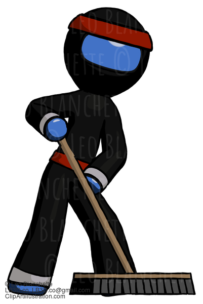 Blue Ninja Warrior Man Cleaning Services Janitor Sweeping Floor With Push Broom #6783