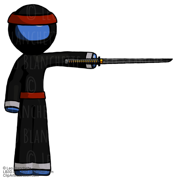 Blue Ninja Warrior Man Standing With Ninja Sword Katana Pointing Right #6787