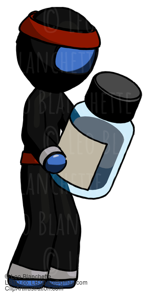 Blue Ninja Warrior Man Holding Glass Medicine Bottle #6792