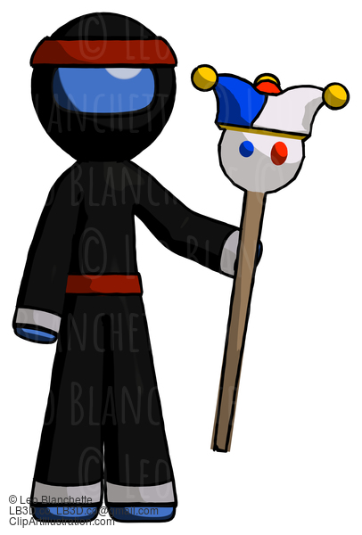 Blue Ninja Warrior Man Holding Jester Staff #6797