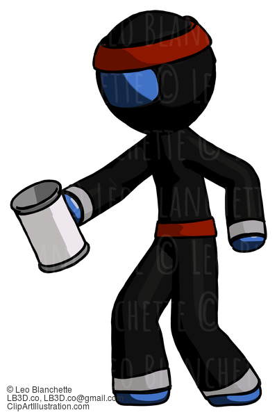 Blue Ninja Warrior Man Begger Holding Can Begging Or Asking For Charity Facing Left #6800