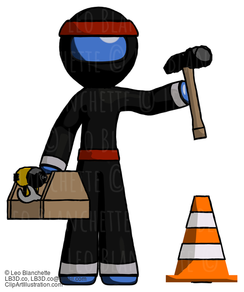 Blue Ninja Warrior Man Under Construction Concept, Traffic Cone And Tools #6801