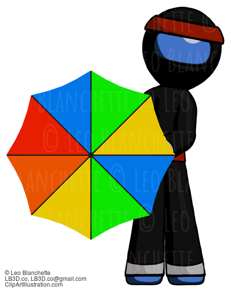 Blue Ninja Warrior Man Holding Rainbow Umbrella Out To Viewer #6807