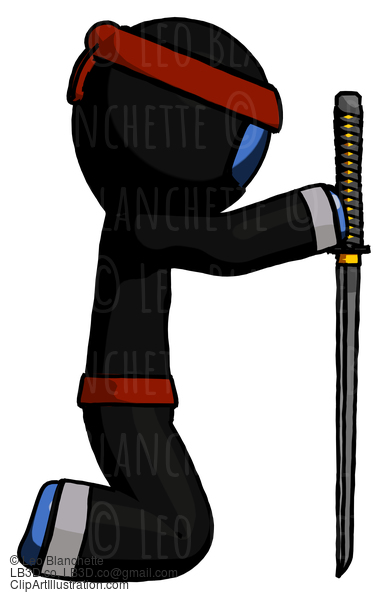 Blue Ninja Warrior Man Kneeling With Ninja Sword Katana Showing Respect #6814