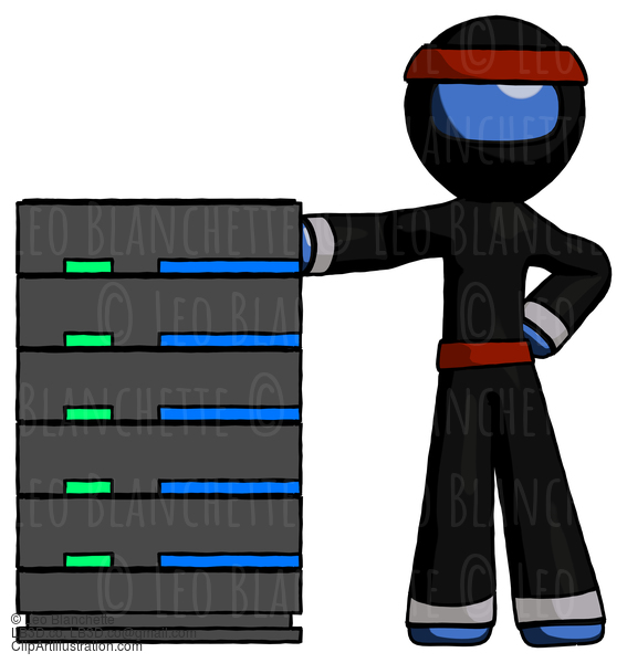 Blue Ninja Warrior Man With Server Rack Leaning Confidently Against It #6819