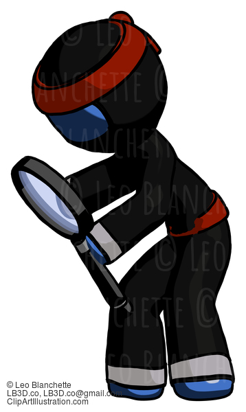 Blue Ninja Warrior Man Inspecting With Large Magnifying Glass Left #6820