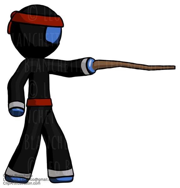 Blue Ninja Warrior Man Pointing With Hiking Stick #6821