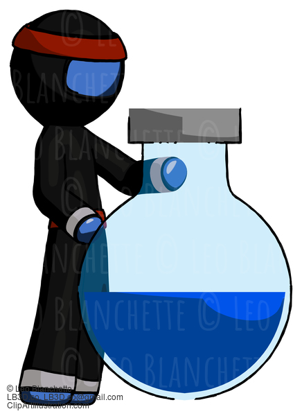 Blue Ninja Warrior Man Standing Beside Large Round Flask Or Beaker #6825